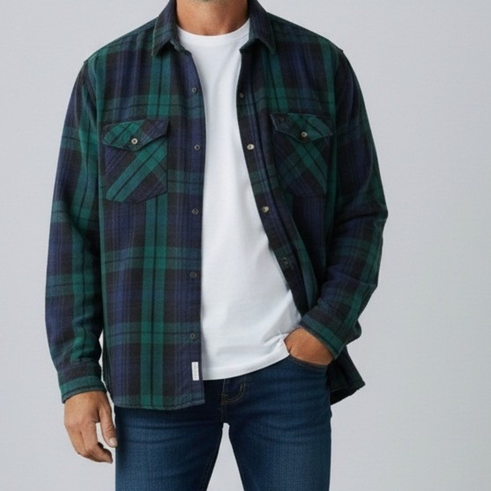 Vintage Codet Plaid Heavy Flannel‎ Shirt Long Sleeve 2XL Green Blue Menswear